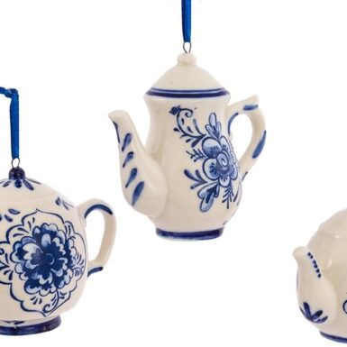 Kurt Adler 2-3 inch Porselein Delfts Blauw Theepot Ornament Set van 3