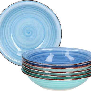 MamboCat Blue 6 x soepborden blauw, robuust blauw aardewerk servies voor 6 personen, 6-delige diepe bordenset met modern strudeldecor in leuke blauwtinten, blauwe borden, diep 6 stuks